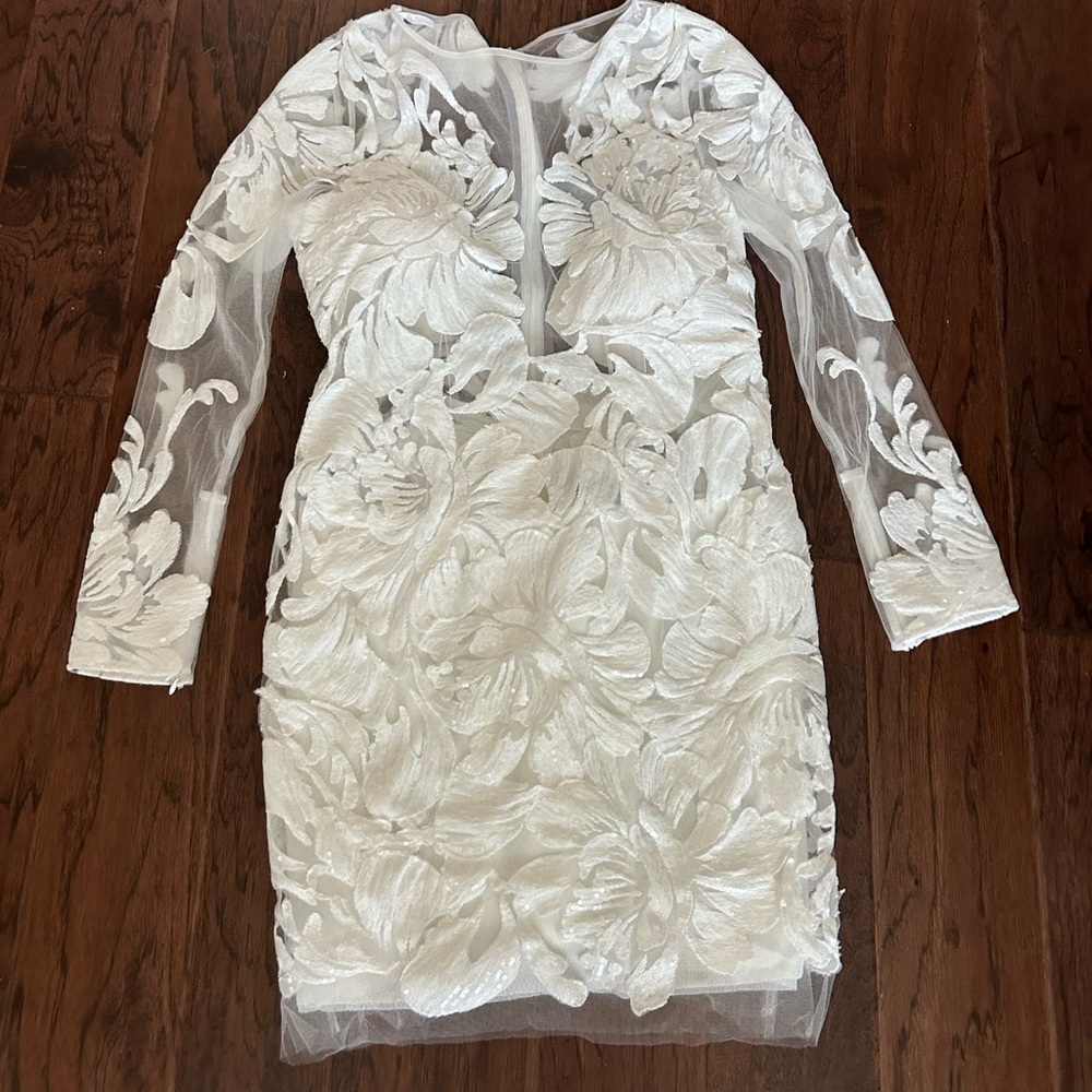 Jovani white lace floral sheer long sleeve short dress